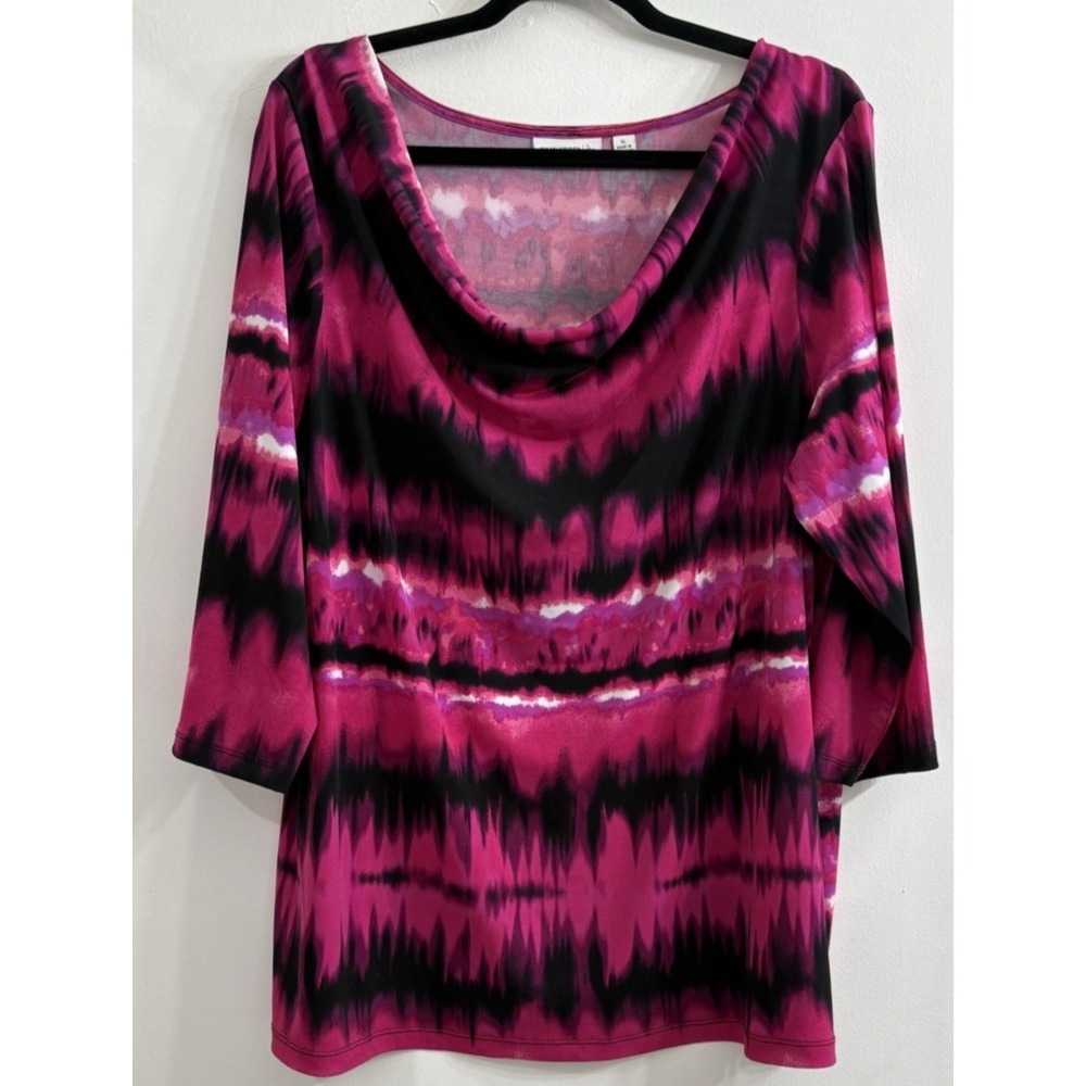 Susan Graver Womens XL Liquid Knit Top Cowl Neck Pink Black Stretch 3/4‎ Sleeve